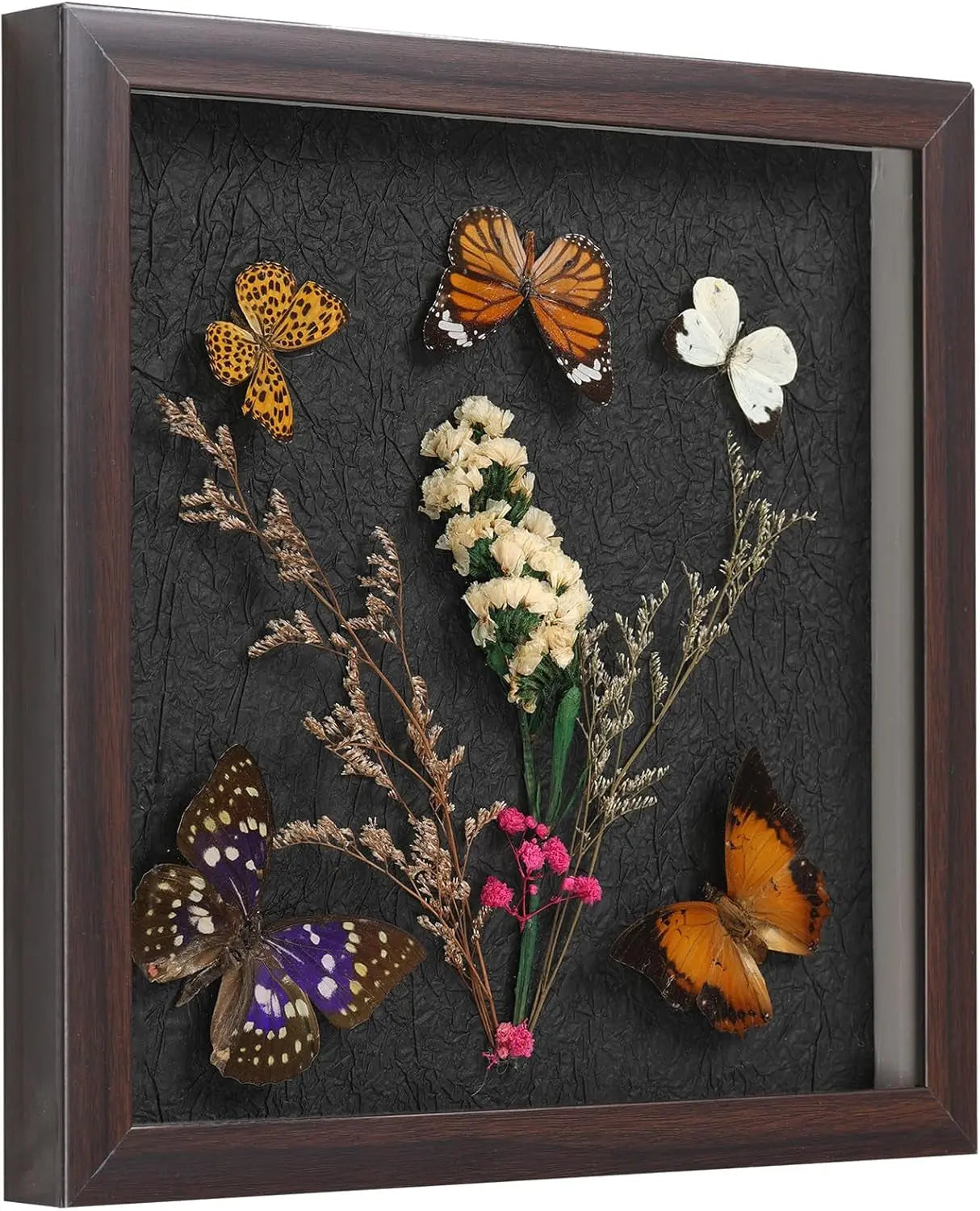 Real 5 Butterfly & Dried Flower Specimens Framed - 11.5X13.5 Inch Handcrafted Insect Shadow Box, Gothic Vintage Decor for Christmas Halloween Birthday Gifts
