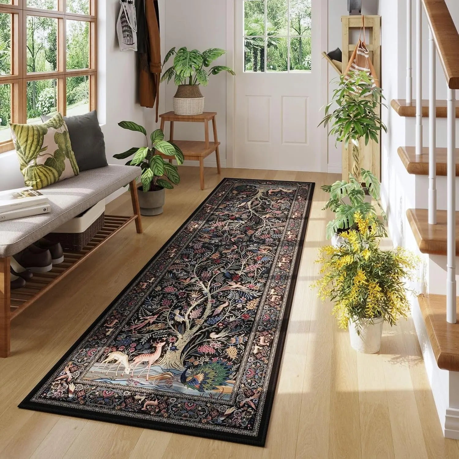Runner Rug Vibrant Tree of Life-Patterned Vintage Kitchen Rugs Non Slip Washable Soft Carpet Runner for Laundry Bedroom Bathroom, Black