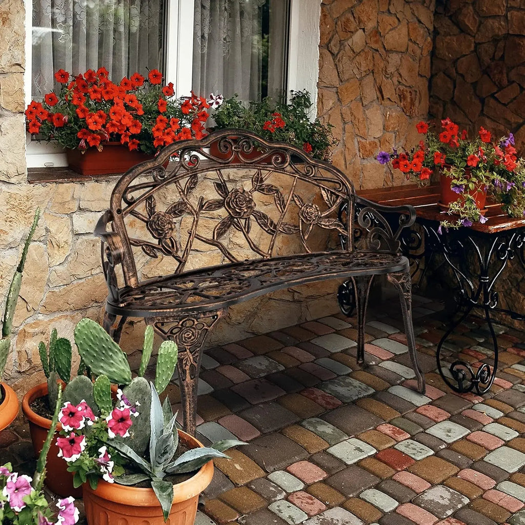 38.5" Patio Park Garden Outdoor Metal Rose Bench, 2-Person Cast Iron Cast Aluminium Frame Antique Finish Chair,Accented Lawn Front Porch Path Yard Decor Deck Furniture (Bronze, Rose)