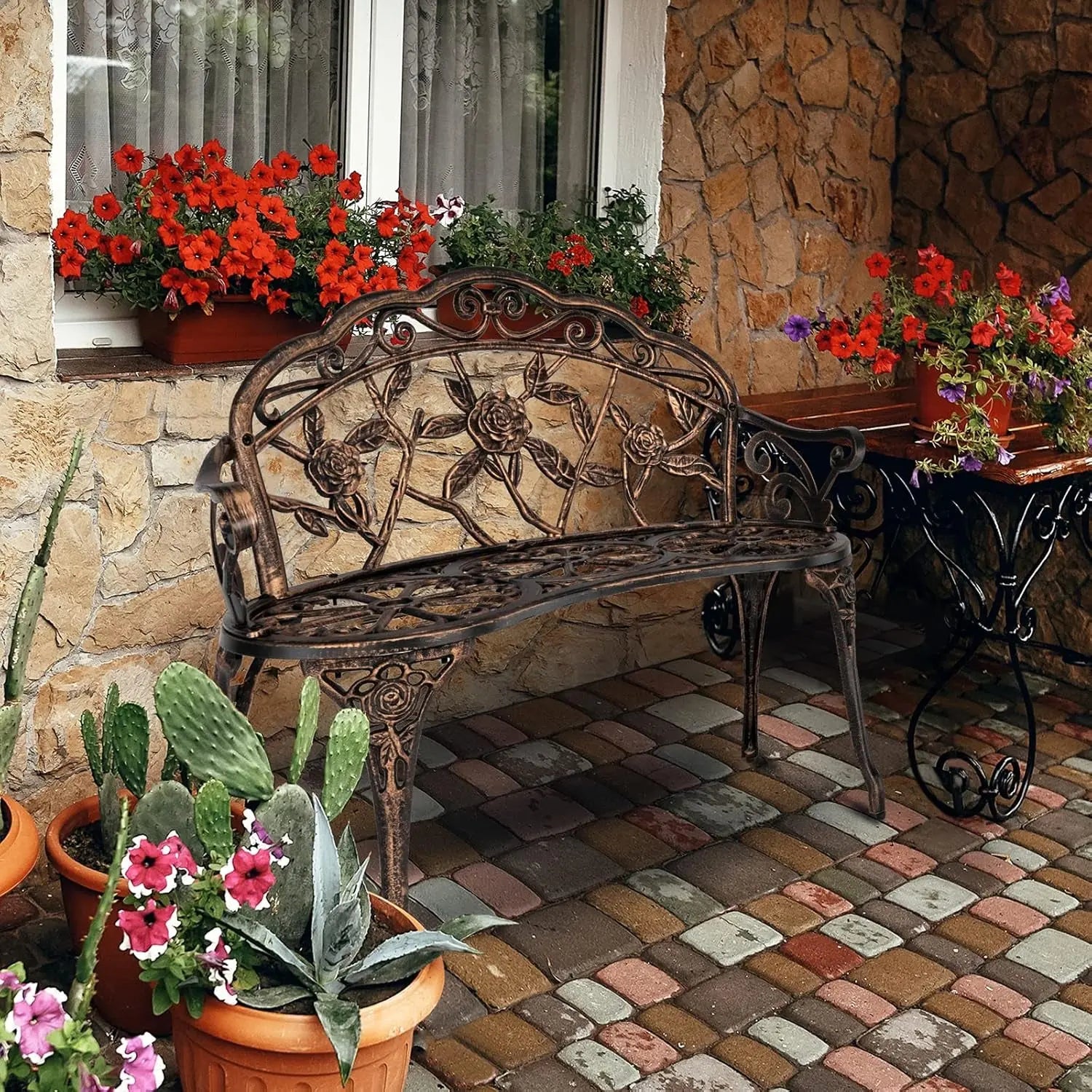 38.5" Patio Park Garden Outdoor Metal Rose Bench, 2-Person Cast Iron Cast Aluminium Frame Antique Finish Chair,Accented Lawn Front Porch Path Yard Decor Deck Furniture (Bronze, Rose)