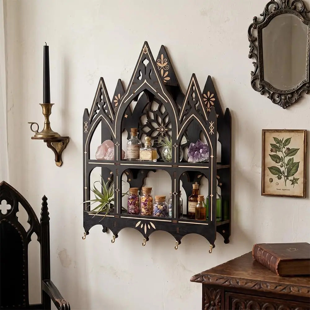 Gothic Trinket Shelf, Wall Shelf for Bedroom, Black Floating Shelves Gothic Witchy Home Decor Aesthetic Wall Goth Room Decor Decorative Crystal Display Shelves Vintage Gift