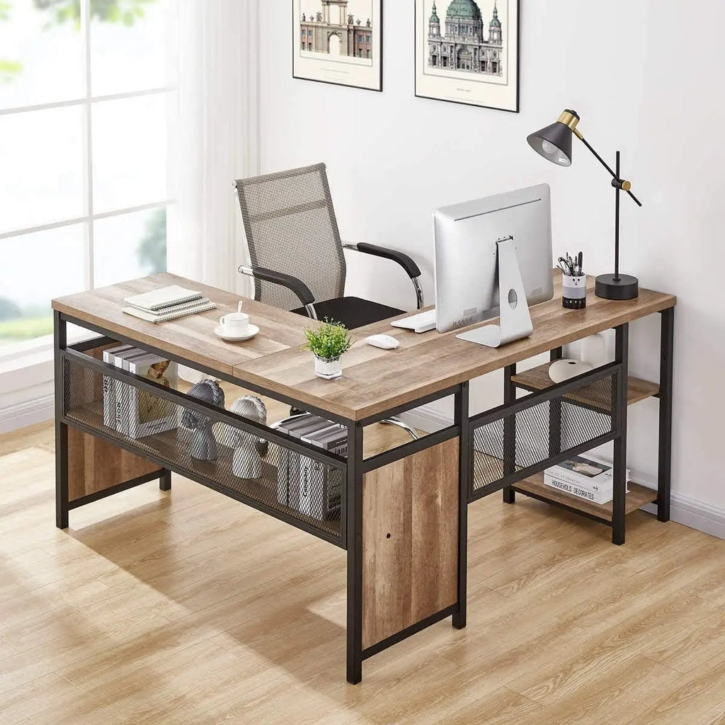59-Inch L-Shaped Computer Desk with Wood Shelves and Metal Legs, Industrial Rustic Corner Desk for Home Office (Rustic Oak)