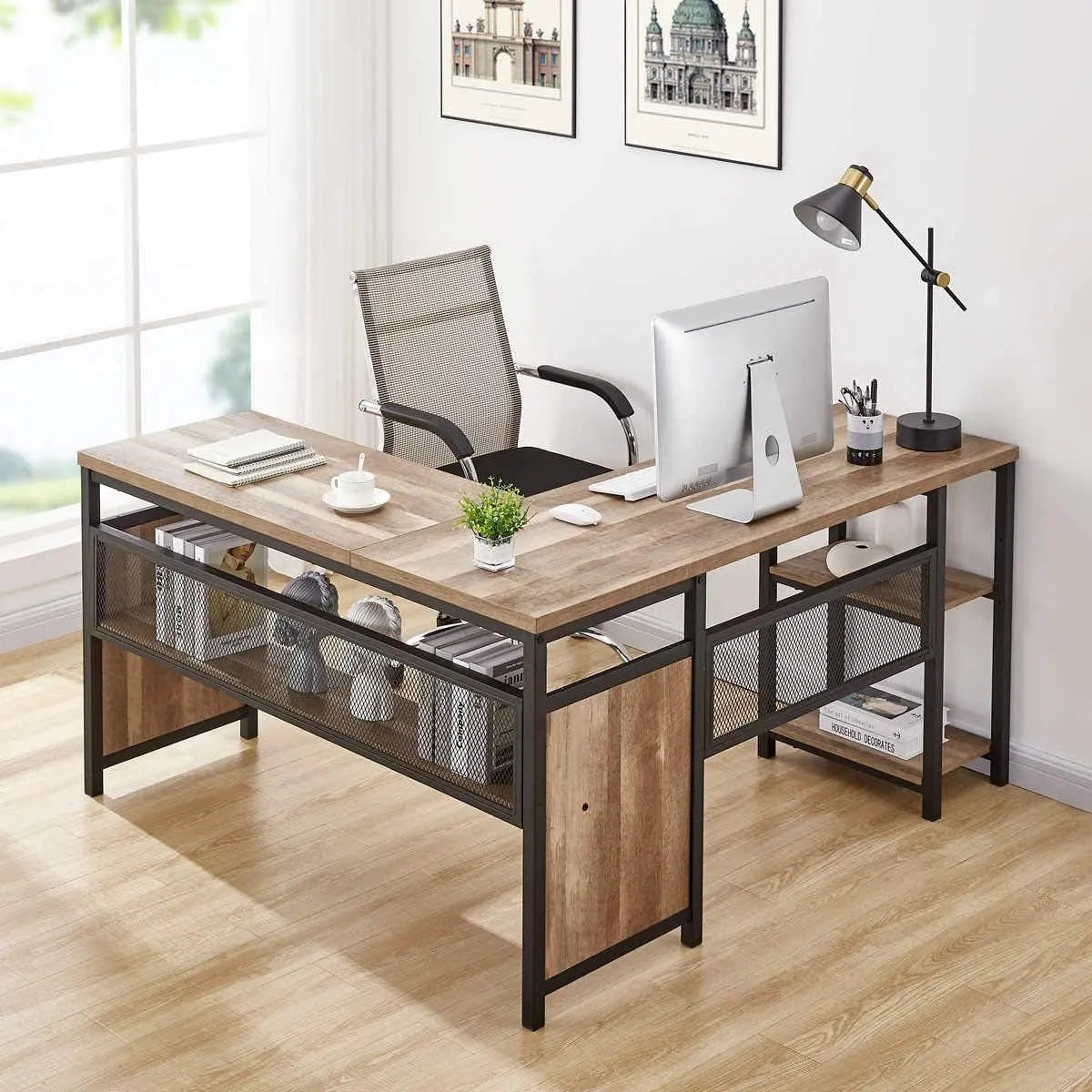 59-Inch L-Shaped Computer Desk with Wood Shelves and Metal Legs, Industrial Rustic Corner Desk for Home Office (Rustic Oak)