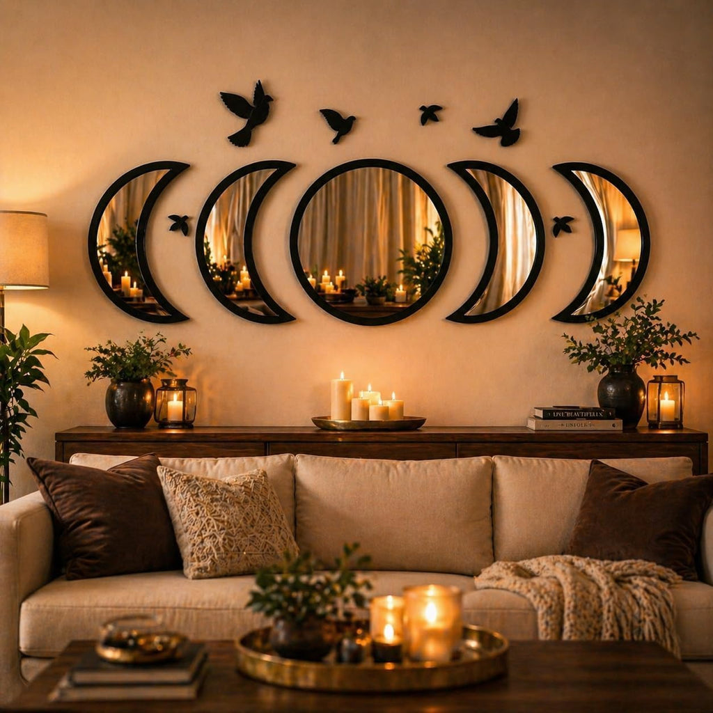Moon Phase Mirror Wall Decor Set with Birds | Gothic Witchy Boho Wall Mirror Decor | Scandinavian Aesthetic Home Decor for Bedroom Living Room (Black)