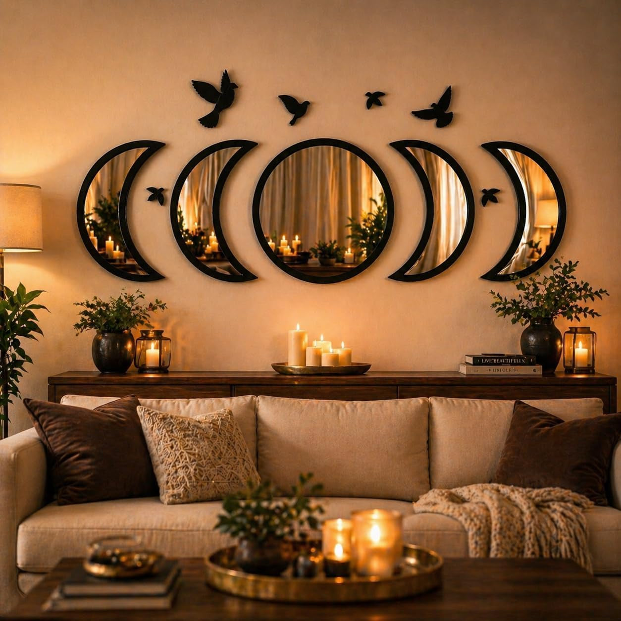 Moon Phase Mirror Wall Decor Set with Birds | Gothic Witchy Boho Wall Mirror Decor | Scandinavian Aesthetic Home Decor for Bedroom Living Room (Black)