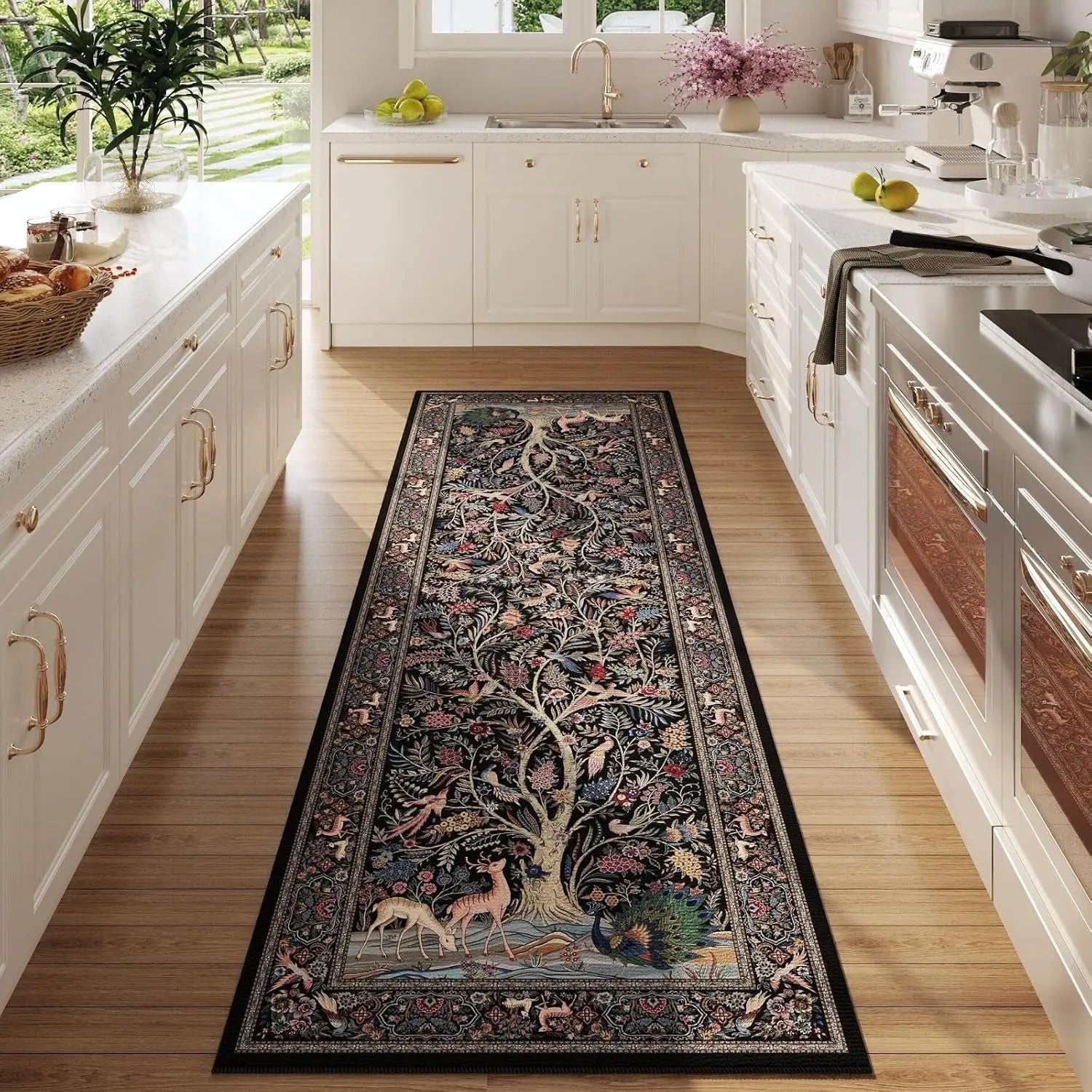 Runner Rug Vibrant Tree of Life-Patterned Vintage Kitchen Rugs Non Slip Washable Soft Carpet Runner for Laundry Bedroom Bathroom, Black