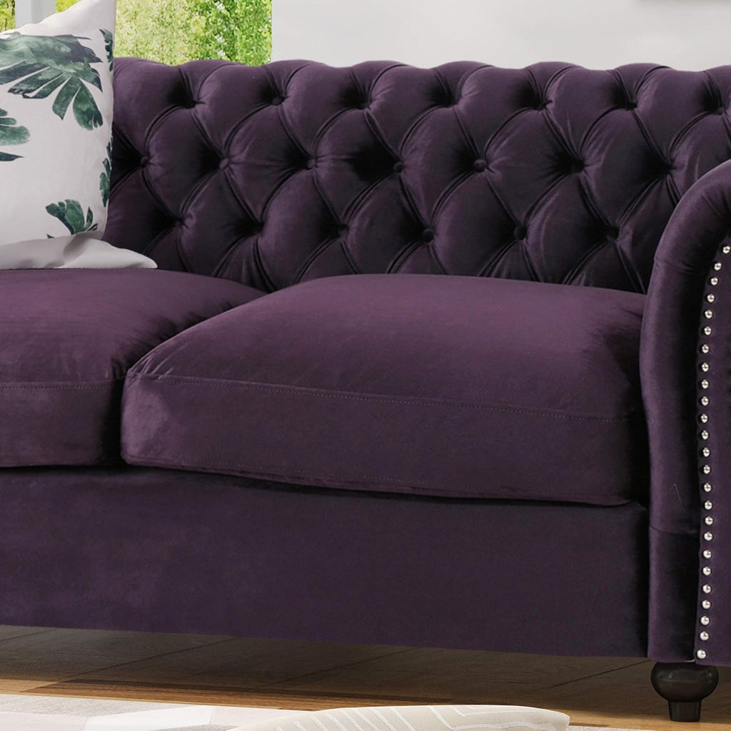 Karen Traditional Chesterfield Loveseat Sofa, Blackberry and Dark Brown, 61.75 X 33.75 X 27.75