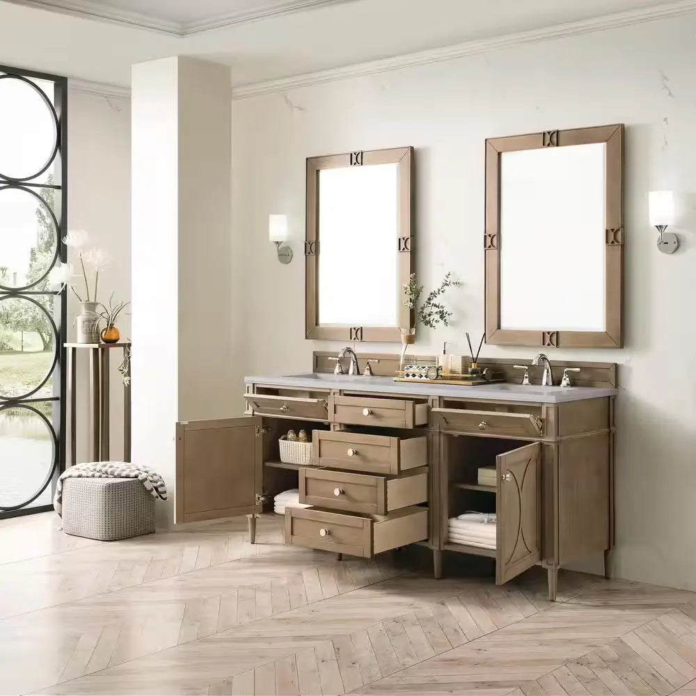 Darrowood 72 In. W X 23 In. D X 34 In. H Double Sink Freestanding Vanity in Walnut W/ Pietra Gray Quartz Top