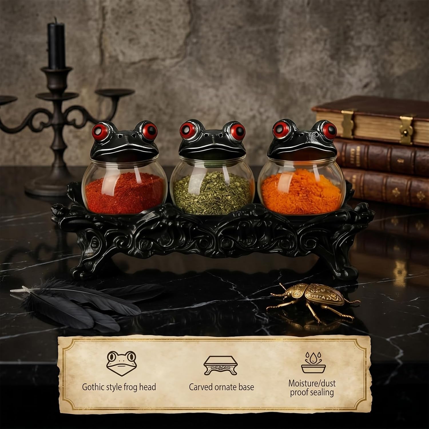 2026 Handcrafted Witchy Frog Apothecary Spice Jars Set of 3 Glass Herb Teas Storage Containers with Resin Lids Vintage Gothic Decorative Kitchen Decor Novelty Seasoning Organizer for Salt Pepper