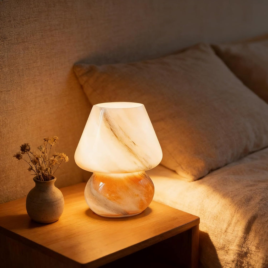 Glass Table Lamp, Mushroom Decorative Lamp, Retro Style, LED Ambient Light, Three Light Options, Suitable for Bedside Tables, Living Rooms, Bedrooms, Aesthetic Home Décor, and Creative Gifts (Orange)