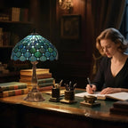 Tiffany-Style Sea Blue Pearl Table Lamp, 12x12x19 Inches - Antique Glass Desk and Reading Light