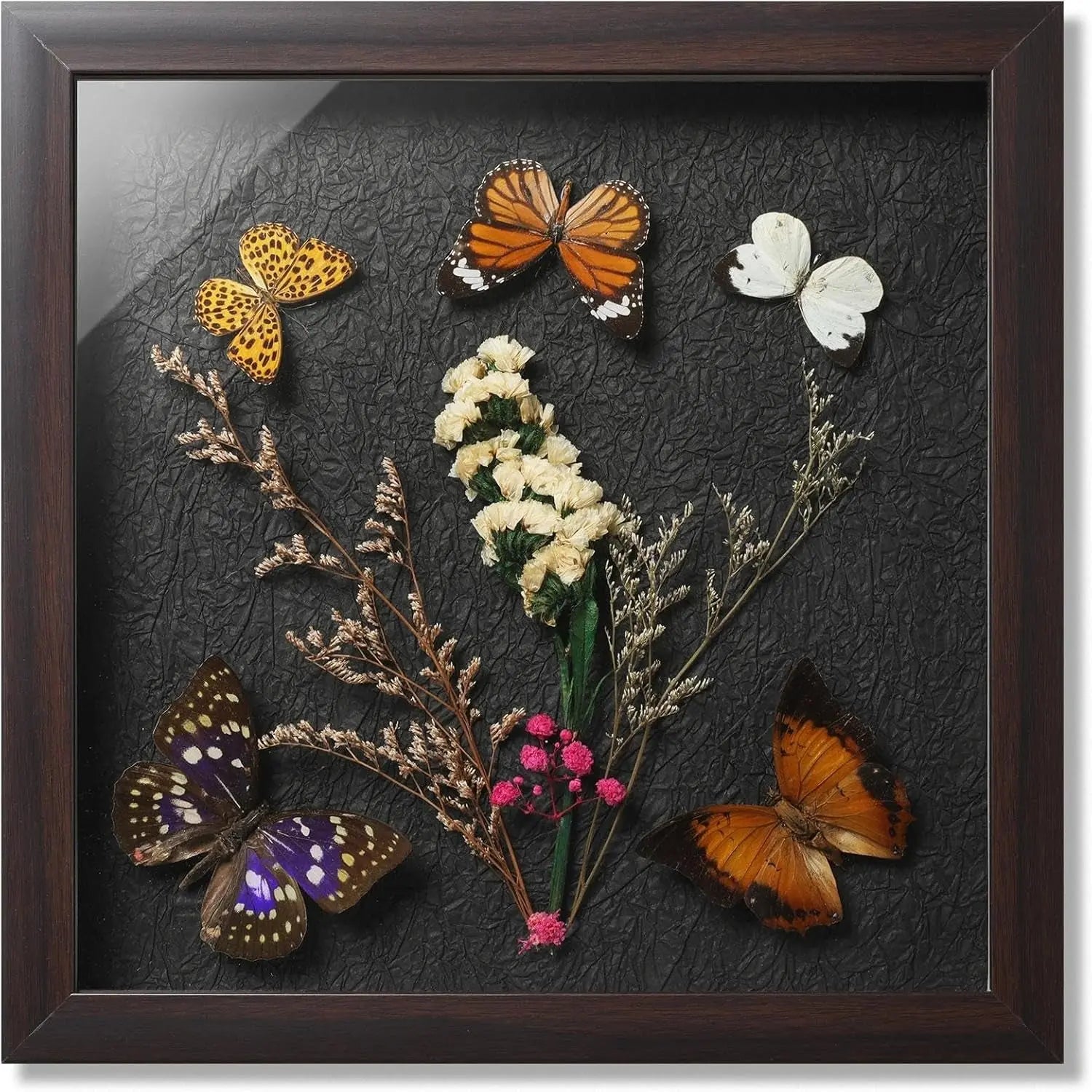 Real 5 Butterfly & Dried Flower Specimens Framed - 11.5X13.5 Inch Handcrafted Insect Shadow Box, Gothic Vintage Decor for Christmas Halloween Birthday Gifts