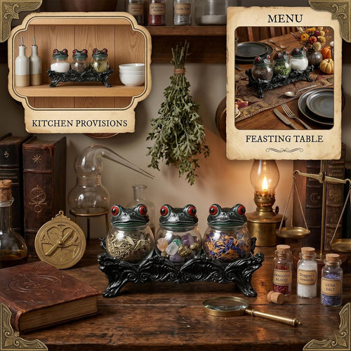 2026 Handcrafted Witchy Frog Apothecary Spice Jars Set of 3 Glass Herb Teas Storage Containers with Resin Lids Vintage Gothic Decorative Kitchen Decor Novelty Seasoning Organizer for Salt Pepper