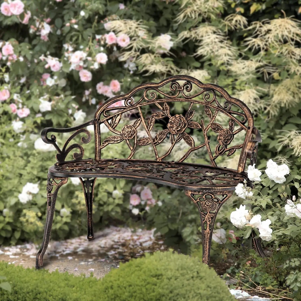38.5" Patio Park Garden Outdoor Metal Rose Bench, 2-Person Cast Iron Cast Aluminium Frame Antique Finish Chair,Accented Lawn Front Porch Path Yard Decor Deck Furniture (Bronze, Rose)