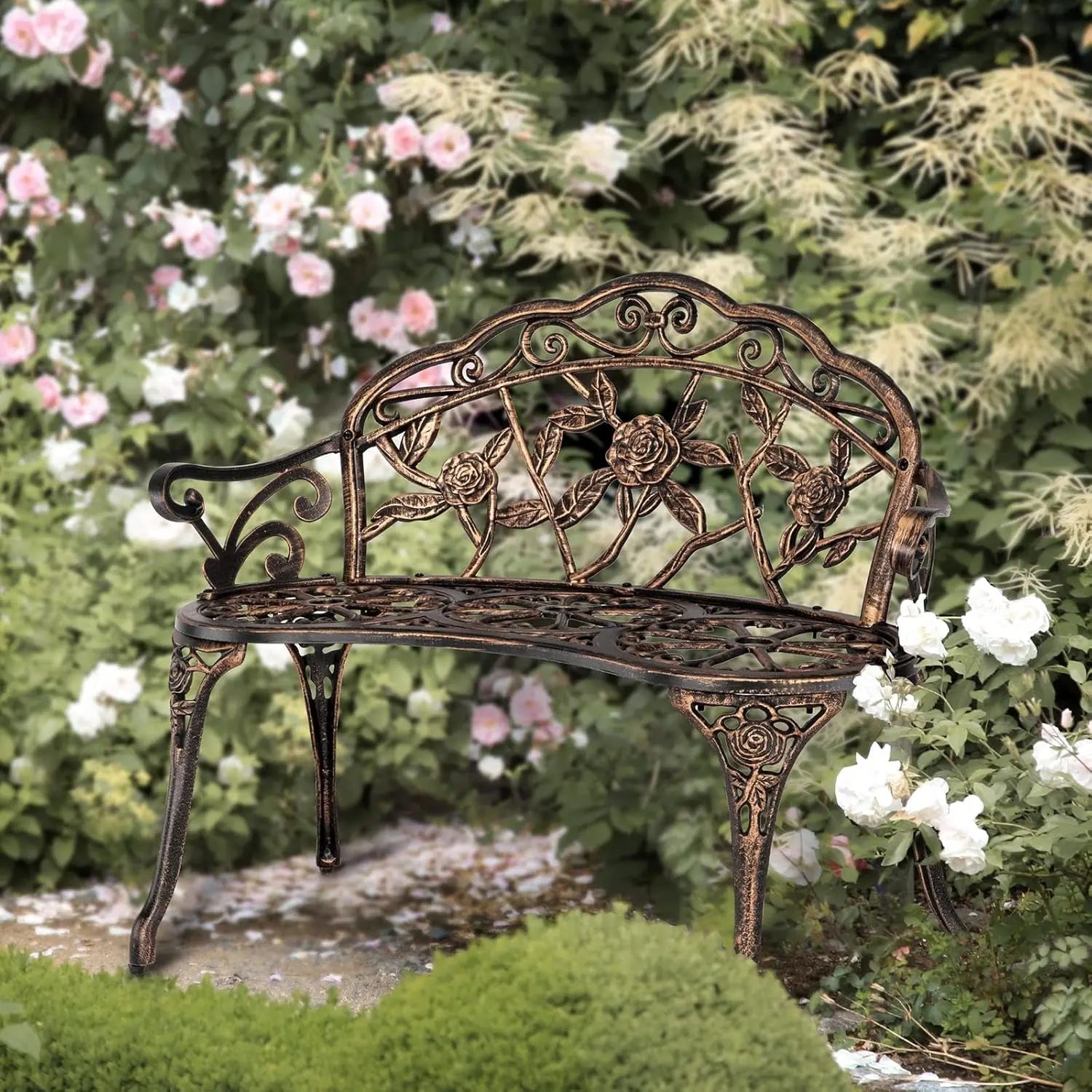 38.5" Patio Park Garden Outdoor Metal Rose Bench, 2-Person Cast Iron Cast Aluminium Frame Antique Finish Chair,Accented Lawn Front Porch Path Yard Decor Deck Furniture (Bronze, Rose)