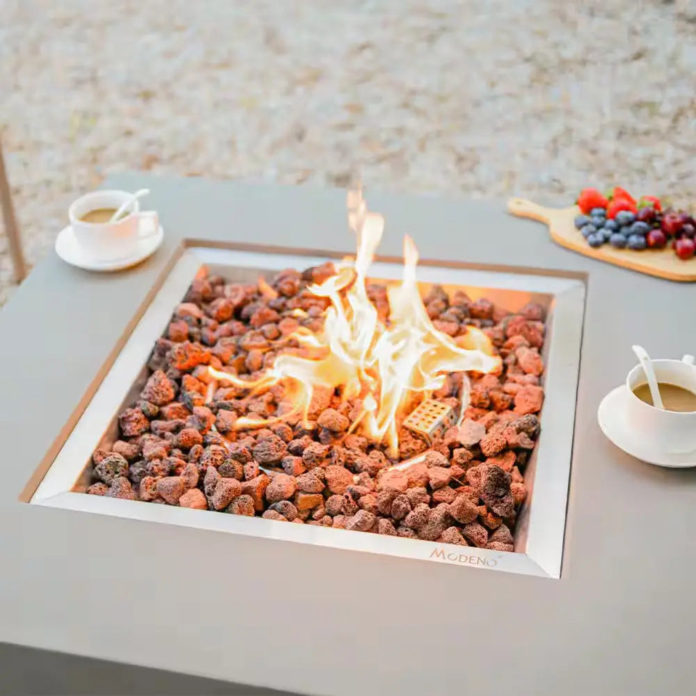 Westport 34 In. X 14 In. Grey round Concrete Propane Pit Table with Electronic Ignition Cover and Lava Rock