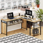 59-Inch L-Shaped Computer Desk with Wood Shelves and Metal Legs, Industrial Rustic Corner Desk for Home Office (Rustic Oak)