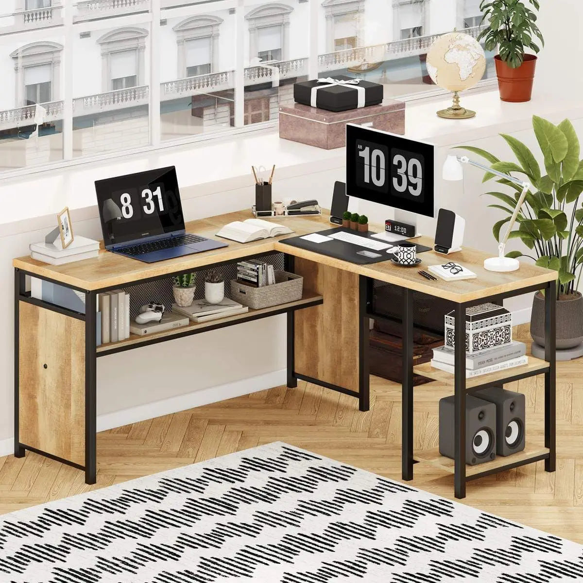 59-Inch L-Shaped Computer Desk with Wood Shelves and Metal Legs, Industrial Rustic Corner Desk for Home Office (Rustic Oak)