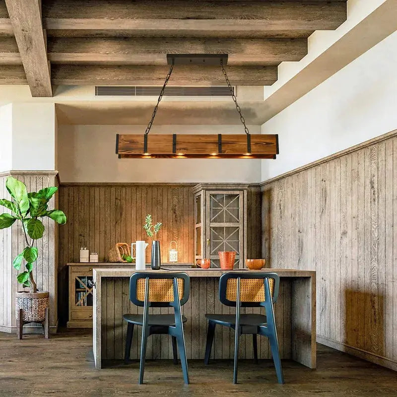 Dining Room Rustic Chandelier Farmhouse with 4X5W LED Downlight - Wood - 39.37X4.72X59In