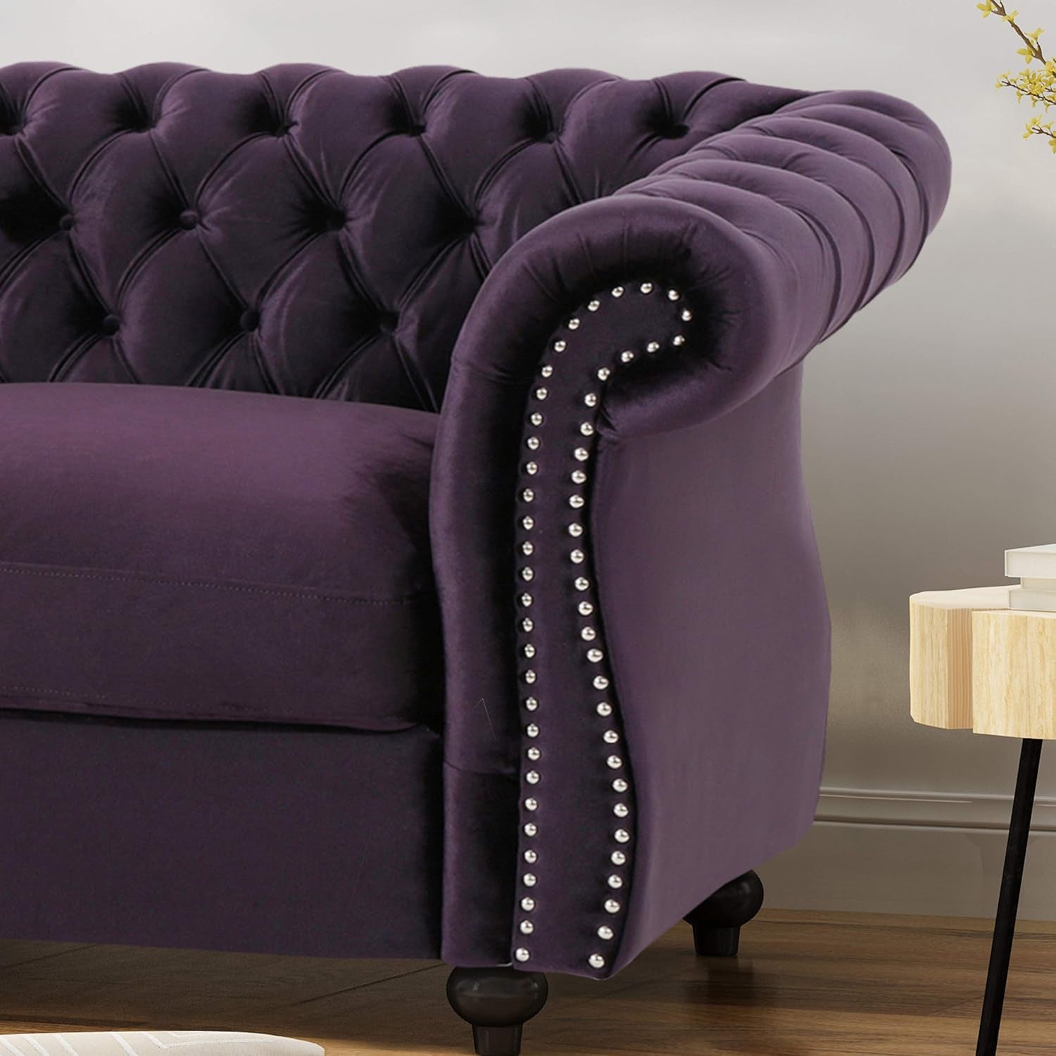 Karen Traditional Chesterfield Loveseat Sofa, Blackberry and Dark Brown, 61.75 X 33.75 X 27.75