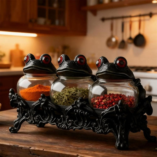 2026 Handcrafted Witchy Frog Apothecary Spice Jars Set of 3 Glass Herb Teas Storage Containers with Resin Lids Vintage Gothic Decorative Kitchen Decor Novelty Seasoning Organizer for Salt Pepper