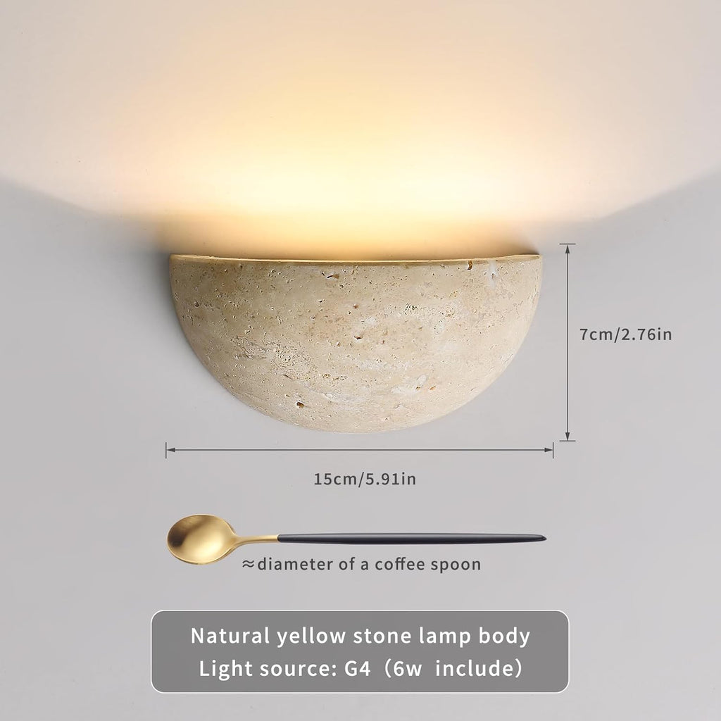 Wabi-Sabi Art Lighting Fixture Nordic Modern Marble Wall Sconce, Half Moon Semi Circle Yellow Travertine Wall Lamp,Japanese Style Natural Stone Bedside Wall Light for Bedroom, Foyer, Entryway,Stairs