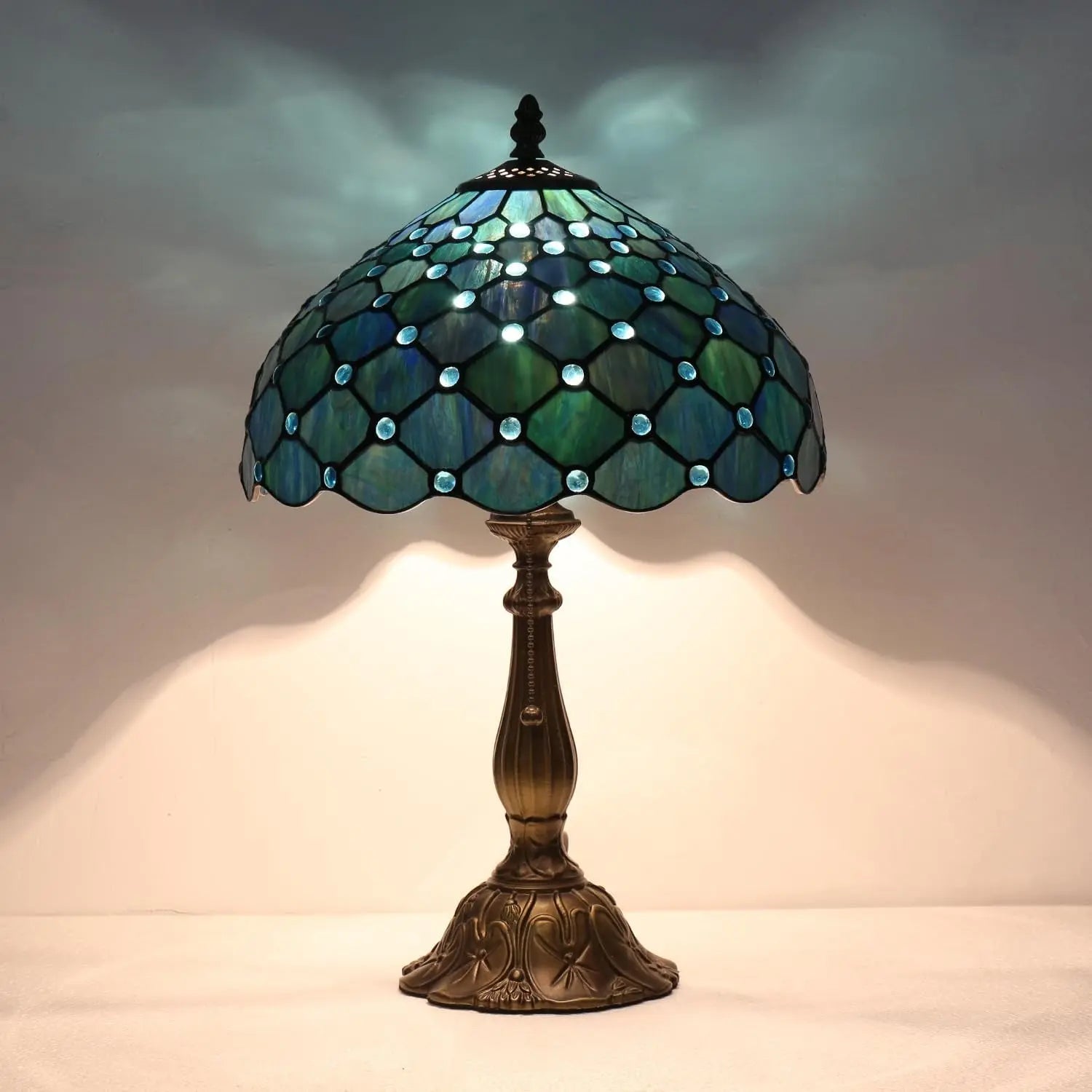 Tiffany-Style Sea Blue Pearl Table Lamp, 12x12x19 Inches - Antique Glass Desk and Reading Light
