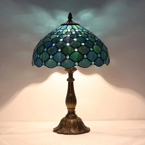 Tiffany-Style Sea Blue Pearl Table Lamp, 12x12x19 Inches - Antique Glass Desk and Reading Light